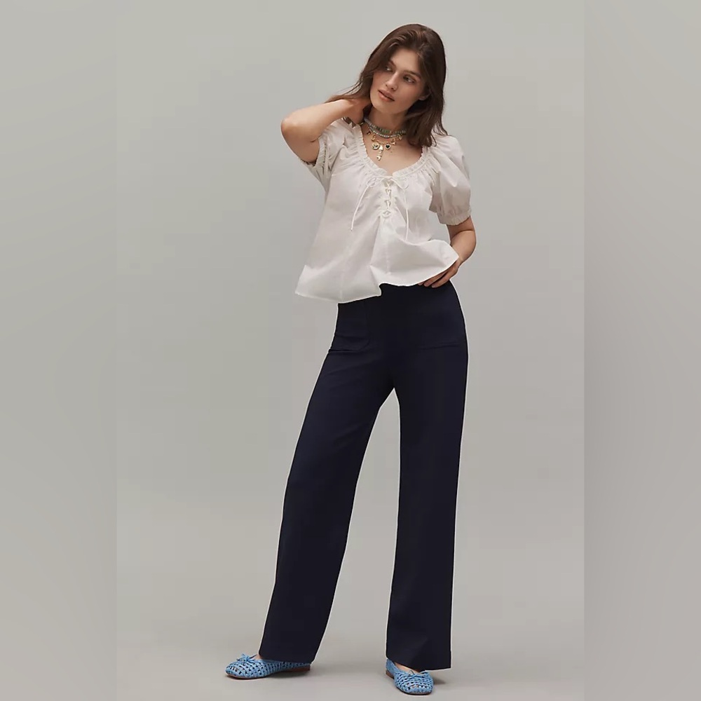 Anthropologie Navy Wide-Leg Pants with White Top